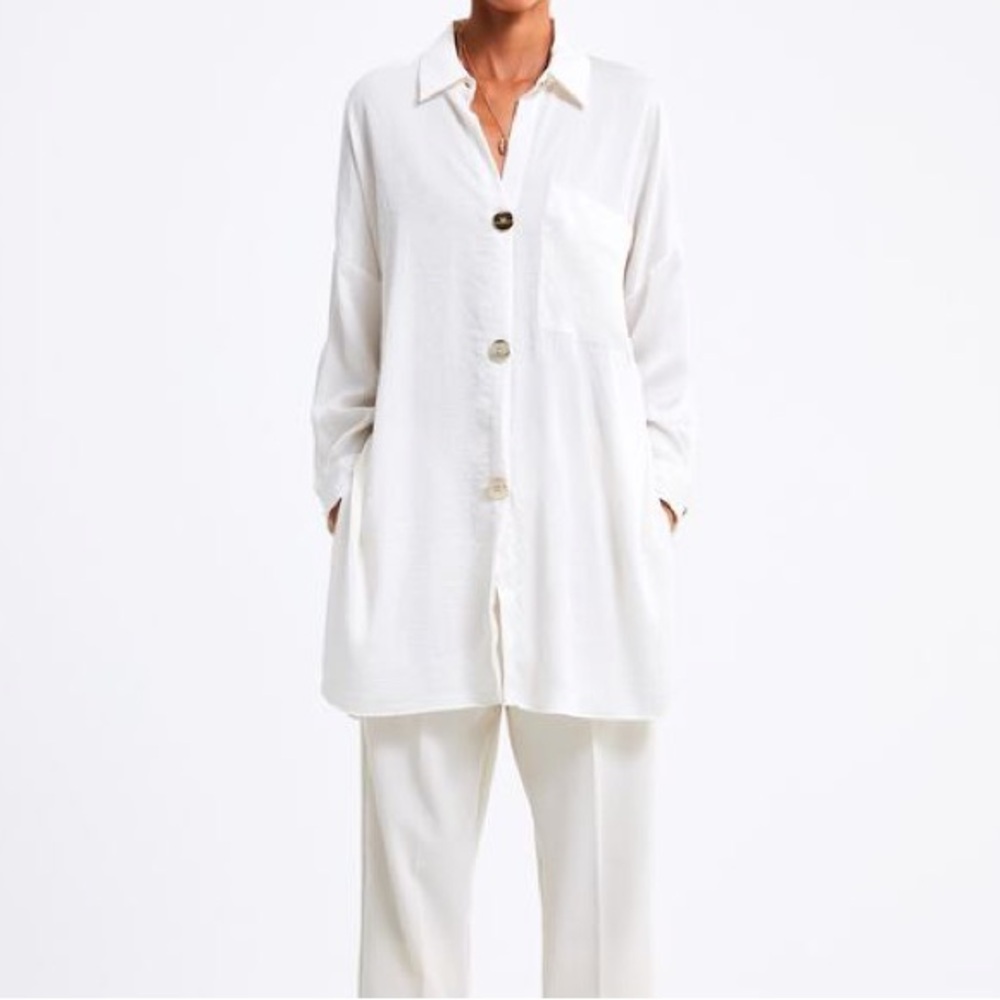 Zara Cream Long Button-Up Blouse